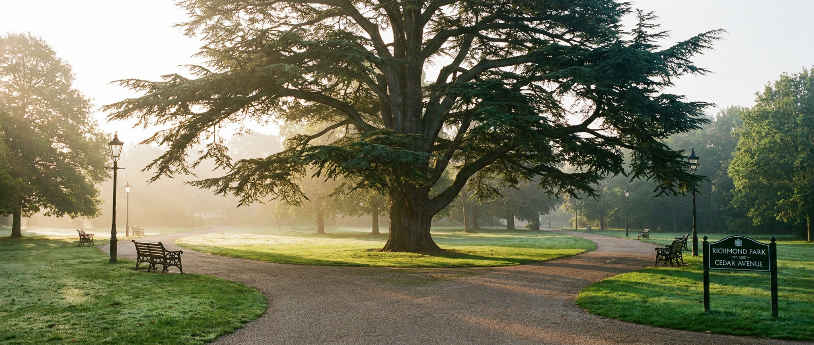 A serene view of Norbury Hall Park in SW16 featuring a large historic tree and green pathways in soft morning light.